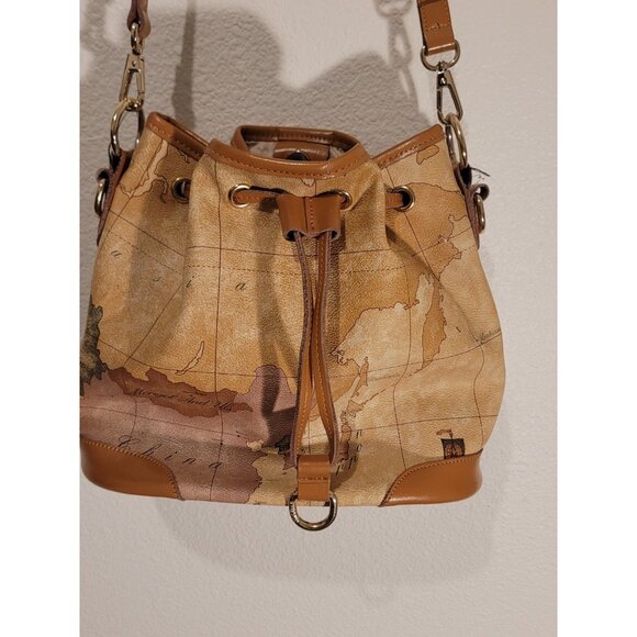 Nucelle Leather Drape Map Bucket Bag Purse Around The World Boho Drawstring - Picture 1 of 16
